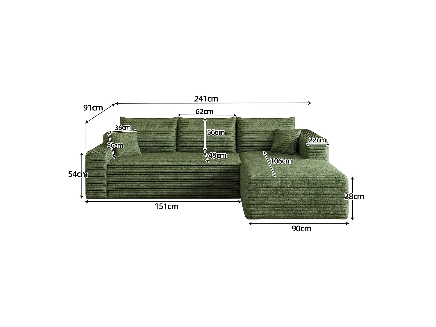 Canapé d'angle en L 241x151x58 cm,design nuage, prêt à l'emploi sans montage, Velours côtelé, Vert