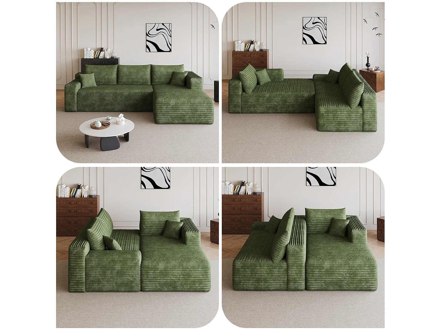 Canapé d'angle en L 241x151x58 cm,design nuage, prêt à l'emploi sans montage, Velours côtelé, Vert
