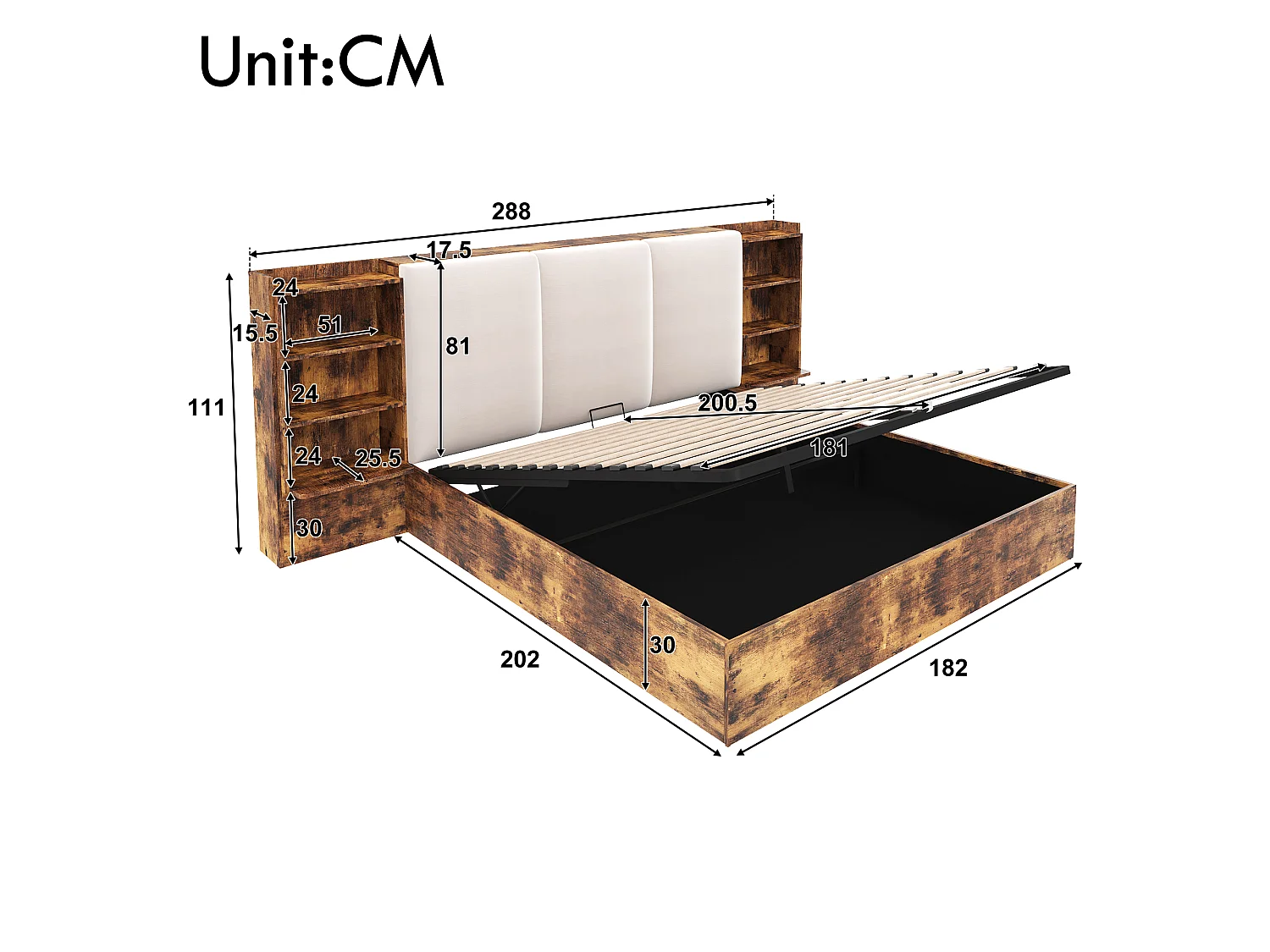 Lit coffre rembourrée 180x200 cm Lit double avec LED, rangement hydraulique, 6 compartiments, brun