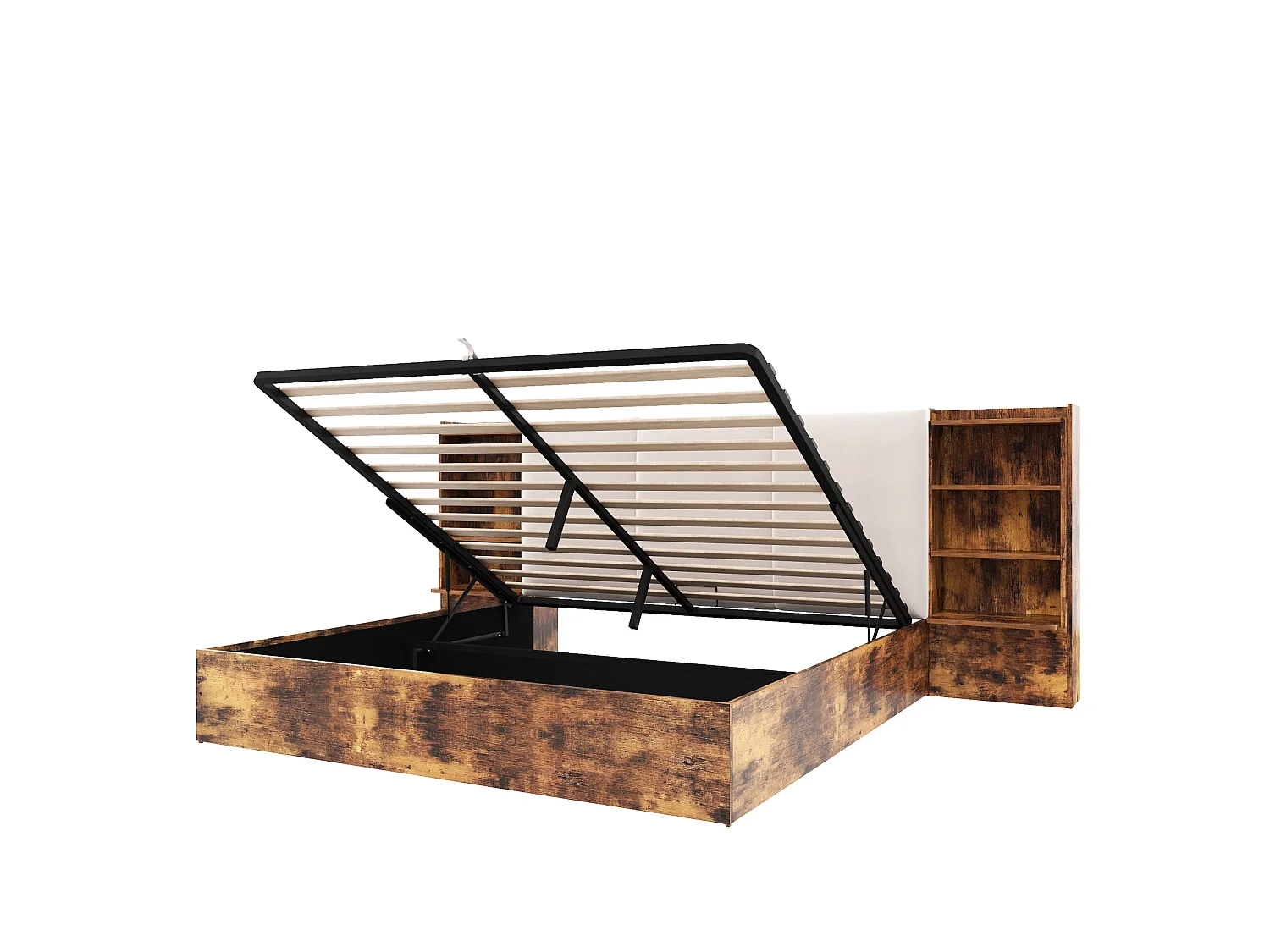 Lit coffre rembourrée 180x200 cm Lit double avec LED, rangement hydraulique, 6 compartiments, brun