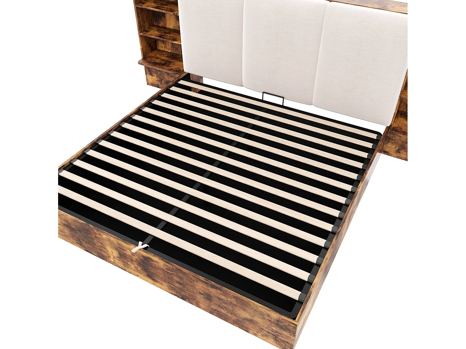 Lit coffre rembourrée 180x200 cm Lit double avec LED, rangement hydraulique, 6 compartiments, brun