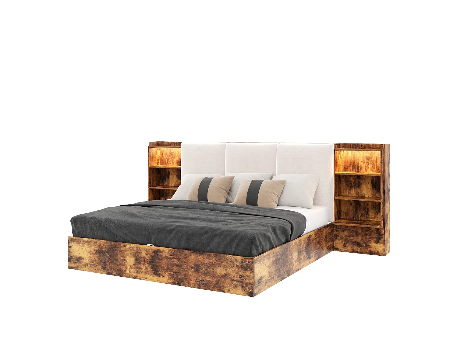 Lit coffre rembourrée 180x200 cm Lit double avec LED, rangement hydraulique, 6 compartiments, brun