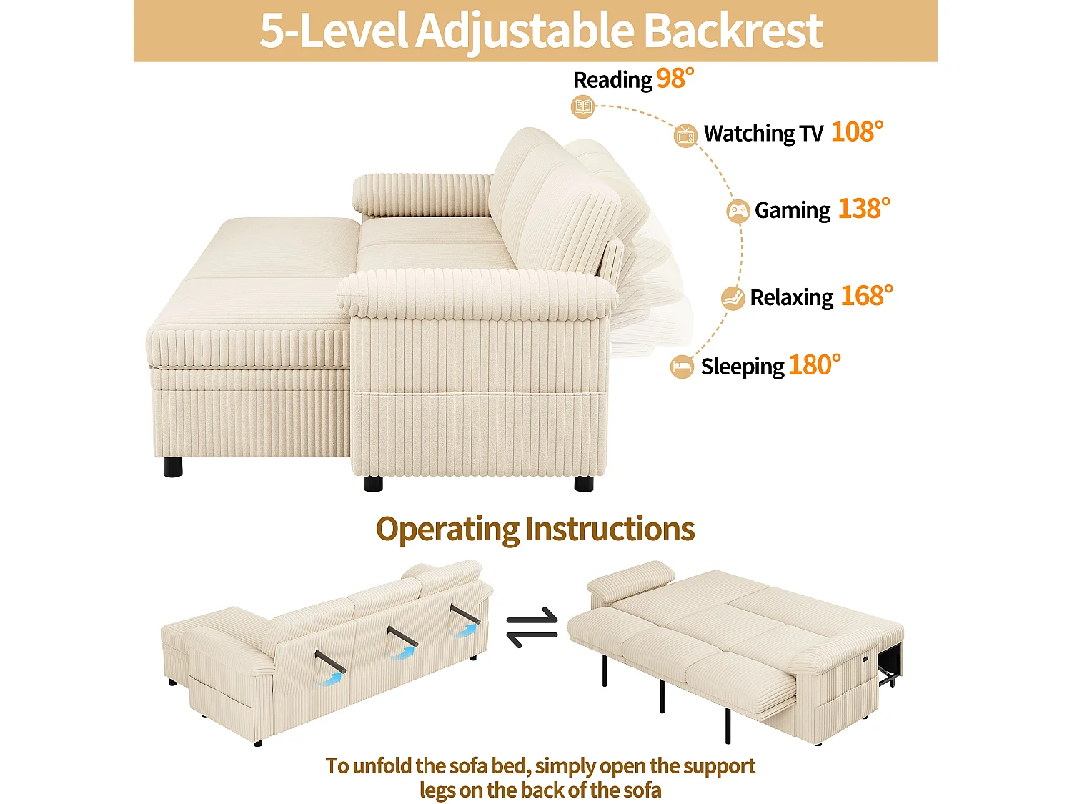 Canapé d’angle convertible 3 places 212x150x98 cm,USB/Type-C, dossier réglable,velours côtelé, beige