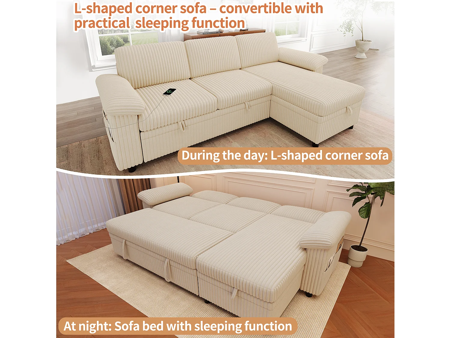 Canapé d’angle convertible 3 places 212x150x98 cm,USB/Type-C, dossier réglable,velours côtelé, beige
