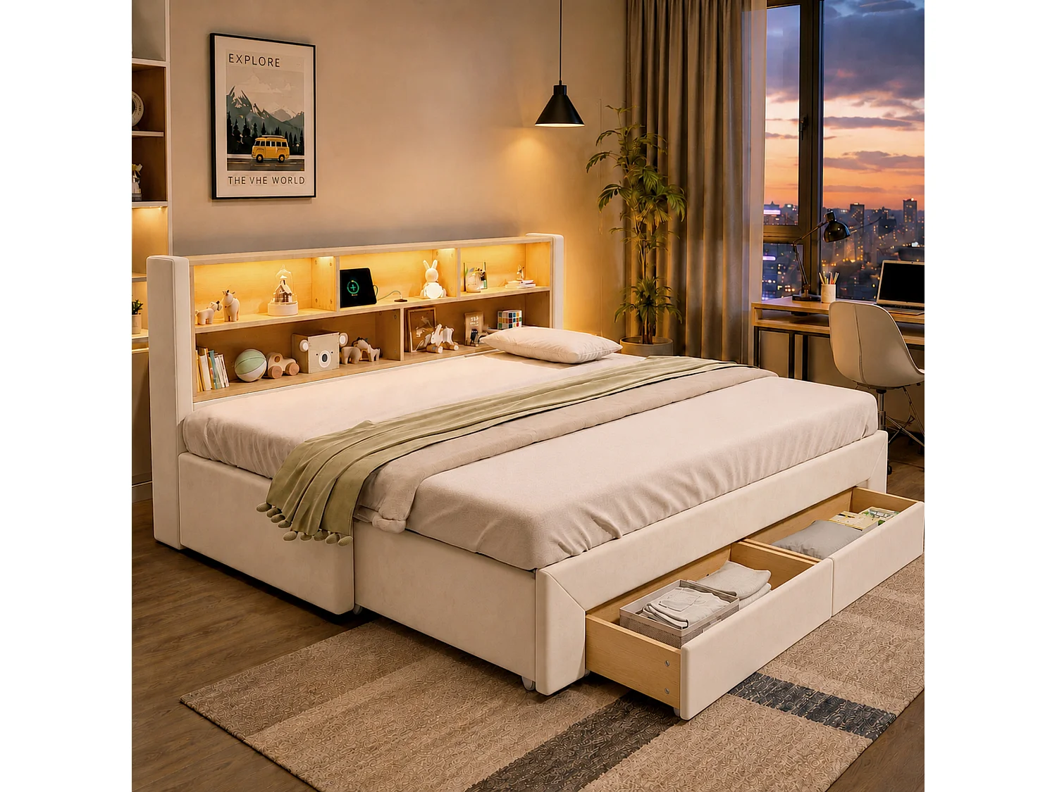 Lit Gigogne 90x200 cm Lit Banquette extensible 180 cm avec 2 tiroirs, USB et LED, velours beige