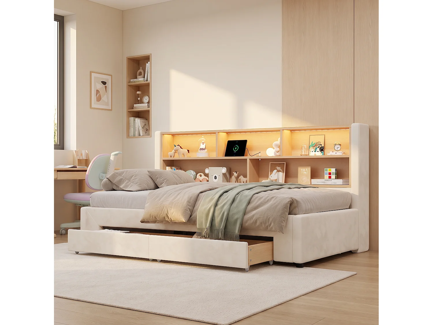 Lit Gigogne 90x200 cm Lit Banquette extensible 180 cm avec 2 tiroirs, USB et LED, velours beige