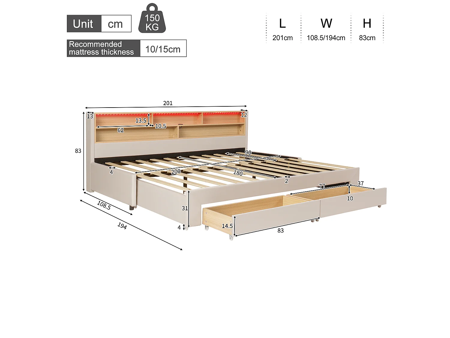 Lit Gigogne 90x200 cm Lit Banquette extensible 180 cm avec 2 tiroirs, USB et LED, velours beige