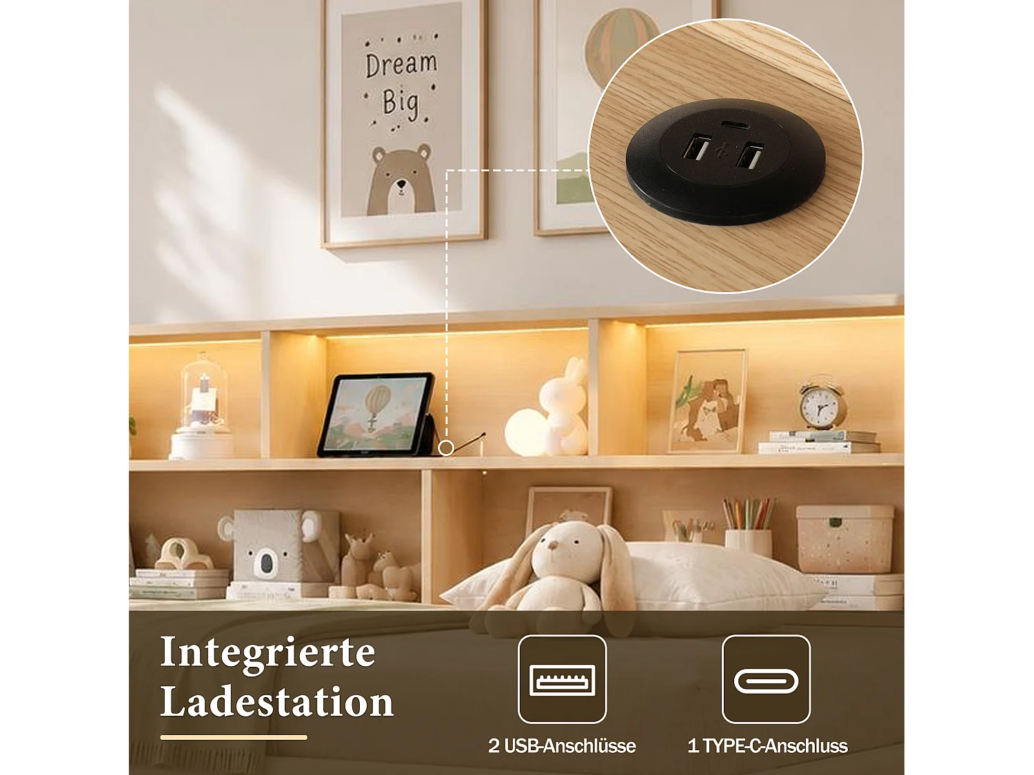 Lit Gigogne 90x200 cm Lit Banquette extensible 180 cm avec 2 tiroirs, USB et LED, velours beige