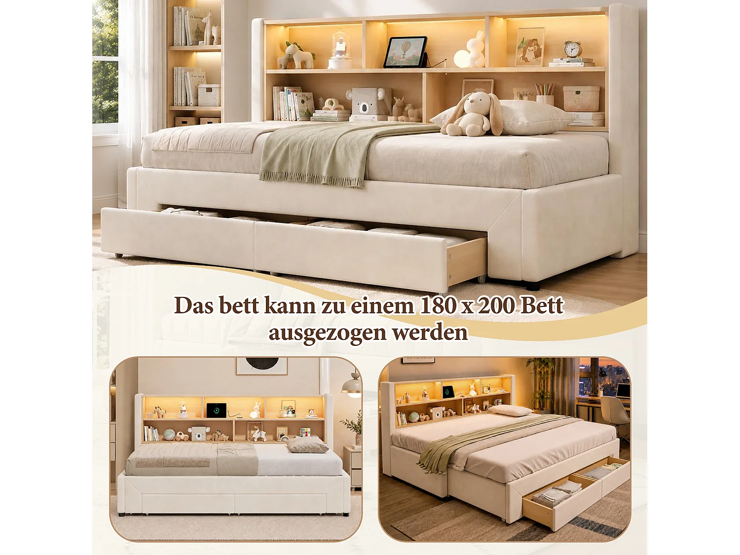 Lit Gigogne 90x200 cm Lit Banquette extensible 180 cm avec 2 tiroirs, USB et LED, velours beige