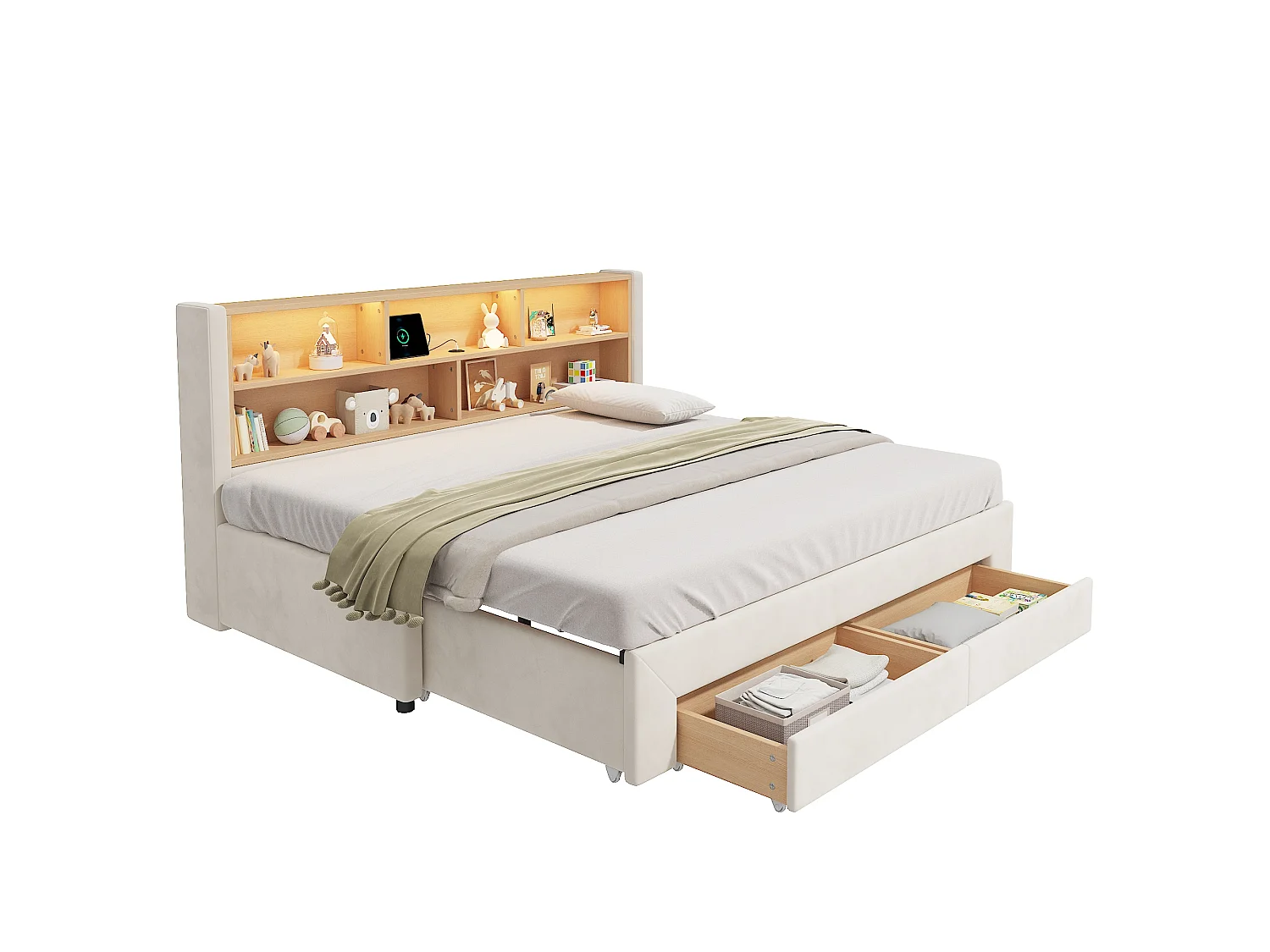 Lit Gigogne 90x200 cm Lit Banquette extensible 180 cm avec 2 tiroirs, USB et LED, velours beige