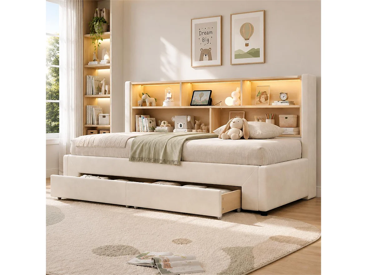 Lit Gigogne 90x200 cm Lit Banquette extensible 180 cm avec 2 tiroirs, USB et LED, velours beige