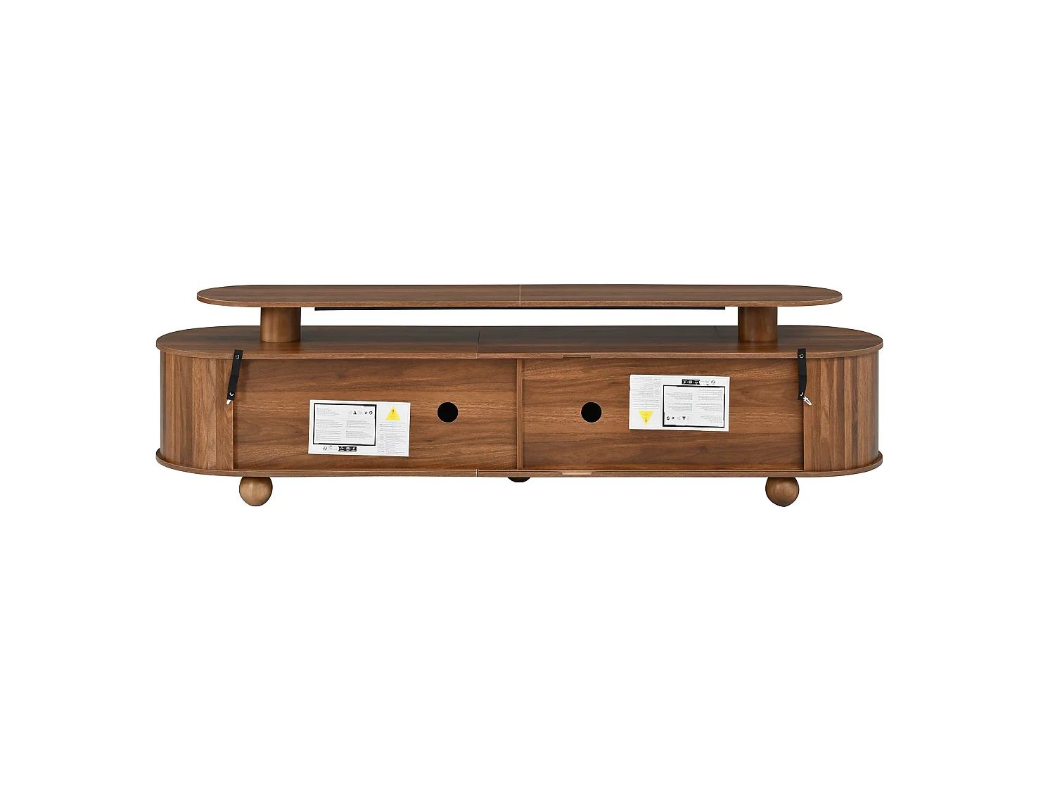 Meuble TV 180 x 40 x 48 cm - Double plateau, 4 portes centrales, 2 portes coulissantes, LED, MDF, noyer
