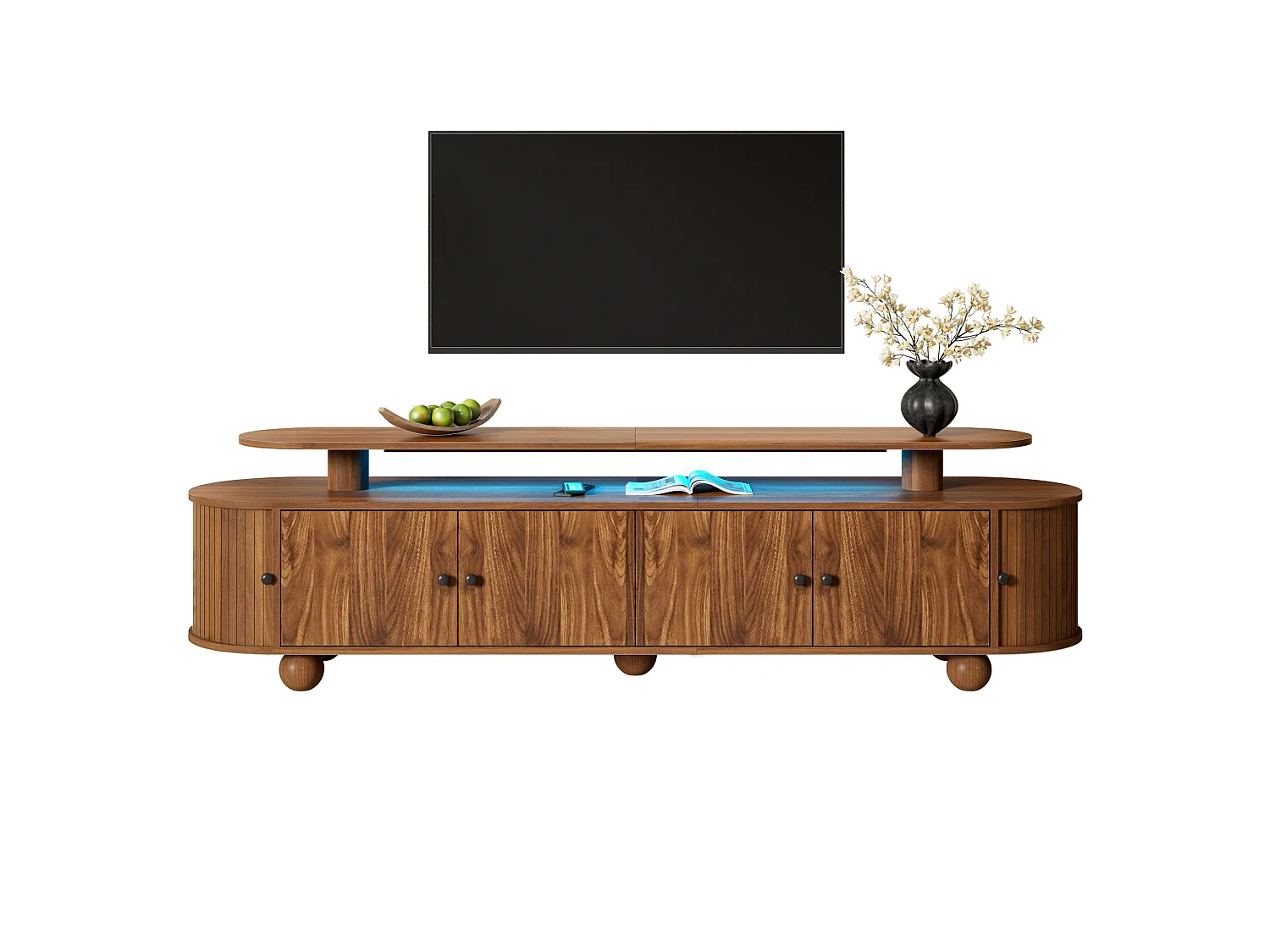 Meuble TV 180 x 40 x 48 cm - Double plateau, 4 portes centrales, 2 portes coulissantes, LED, MDF, noyer