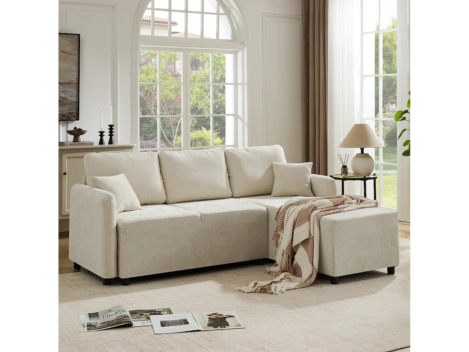 Canapé d’angle 3 places 187,5x143,8x85,5 cm, méridienne, 2 coussins, mousse haute densité, chenille, beige