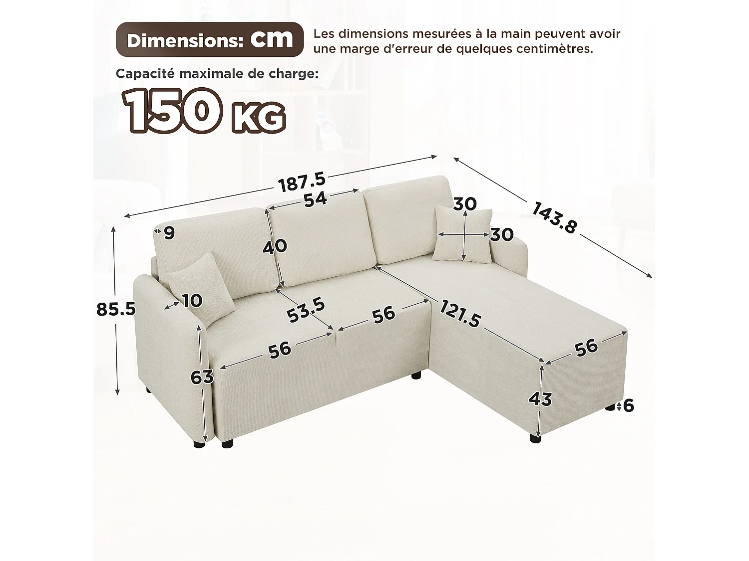 Canapé d’angle 3 places 187,5x143,8x85,5 cm, méridienne, 2 coussins, mousse haute densité, chenille, beige