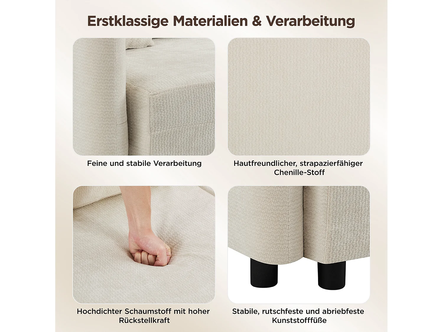 Canapé d’angle 3 places 187,5x143,8x85,5 cm, méridienne, 2 coussins, mousse haute densité, chenille, beige