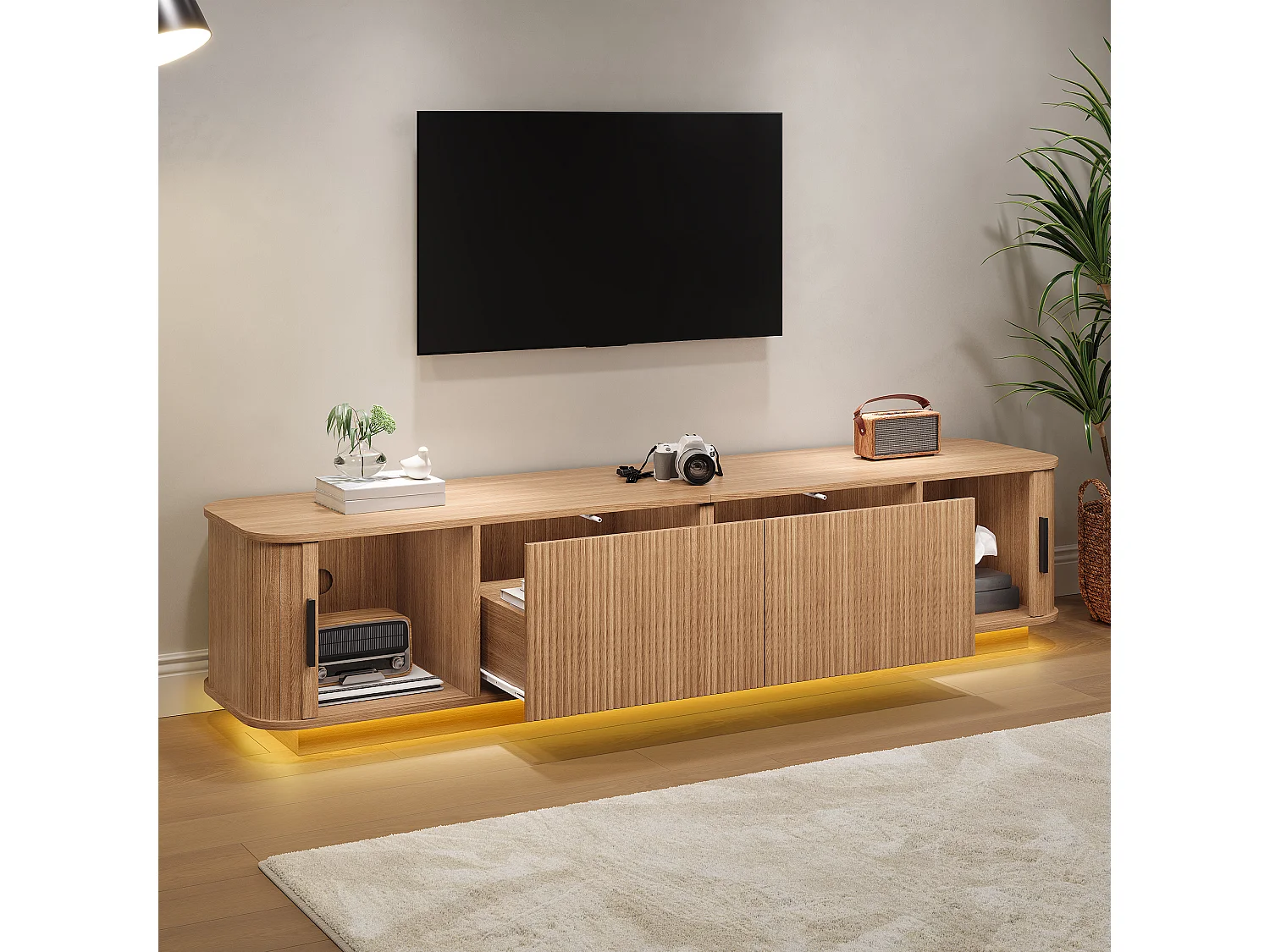 Meuble TV 180 x 40 x 40 cm - 2 tiroirs effet vague, 2 portes coulissantes, LED intégrée, MDF et panneaux de particules, naturel