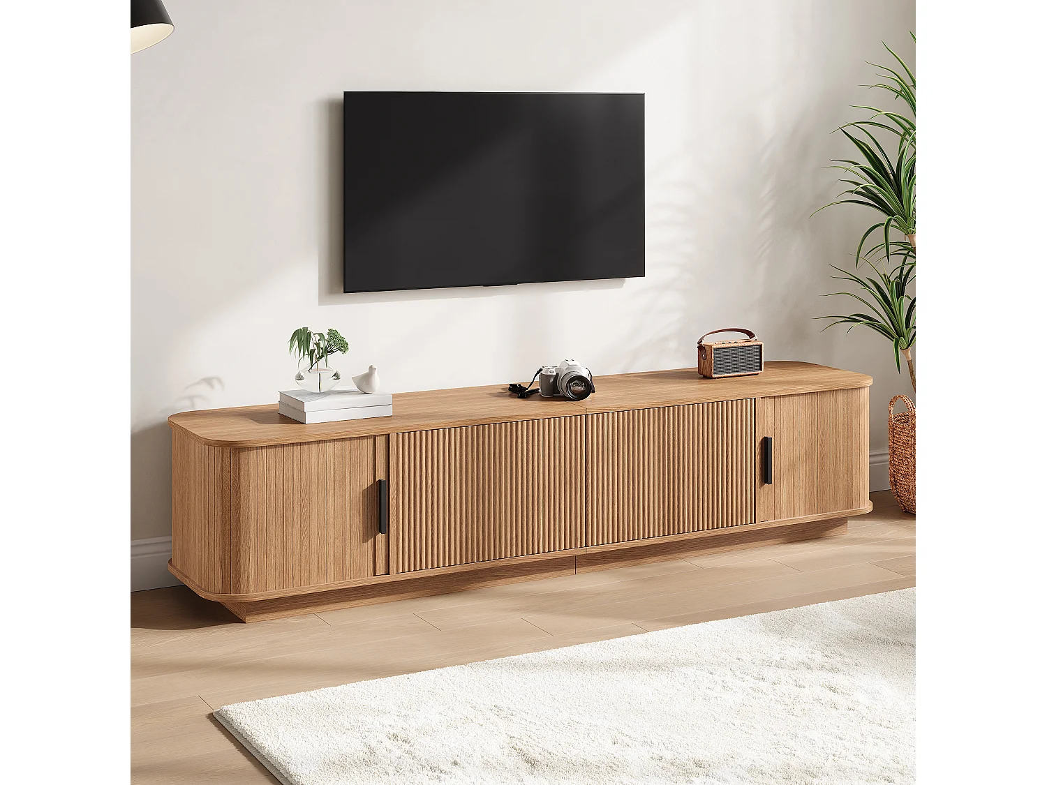 Meuble TV 180 x 40 x 40 cm - 2 tiroirs effet vague, 2 portes coulissantes, LED intégrée, MDF et panneaux de particules, naturel