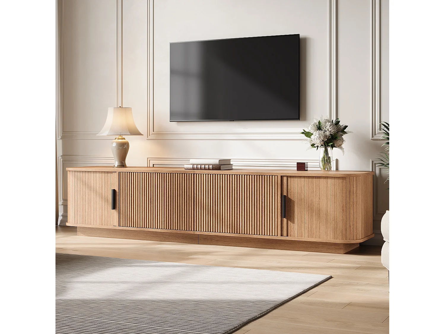 Meuble TV 180 x 40 x 40 cm - 2 tiroirs effet vague, 2 portes coulissantes, LED intégrée, MDF et panneaux de particules, naturel