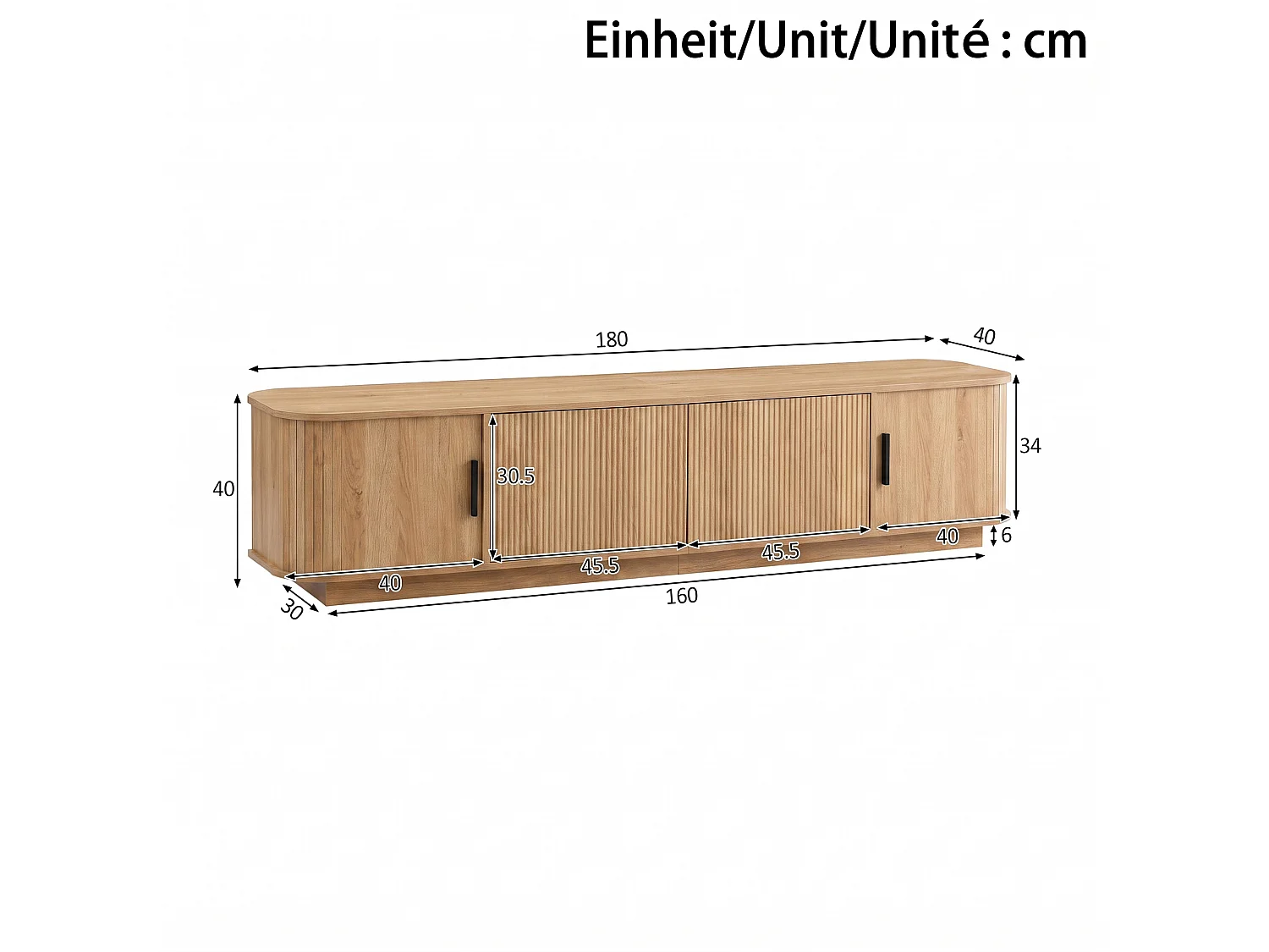 Meuble TV 180 x 40 x 40 cm - 2 tiroirs effet vague, 2 portes coulissantes, LED intégrée, MDF et panneaux de particules, naturel