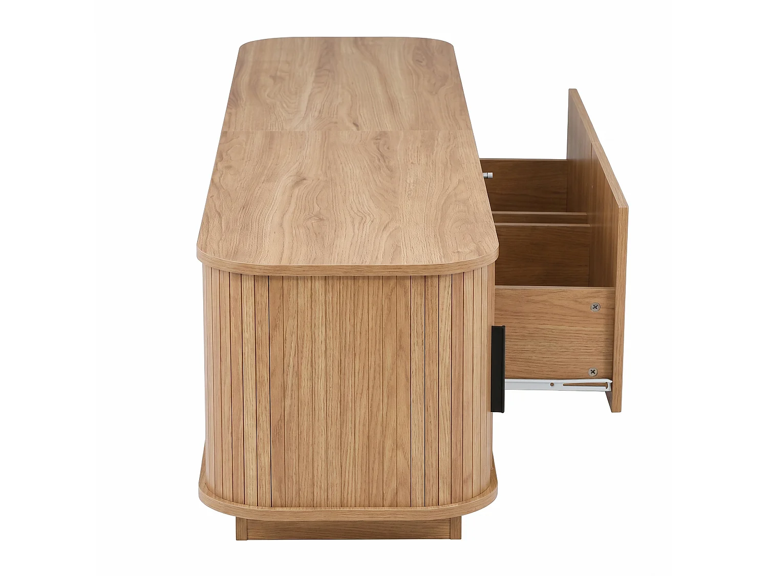 Meuble TV 180 x 40 x 40 cm - 2 tiroirs effet vague, 2 portes coulissantes, LED intégrée, MDF et panneaux de particules, naturel