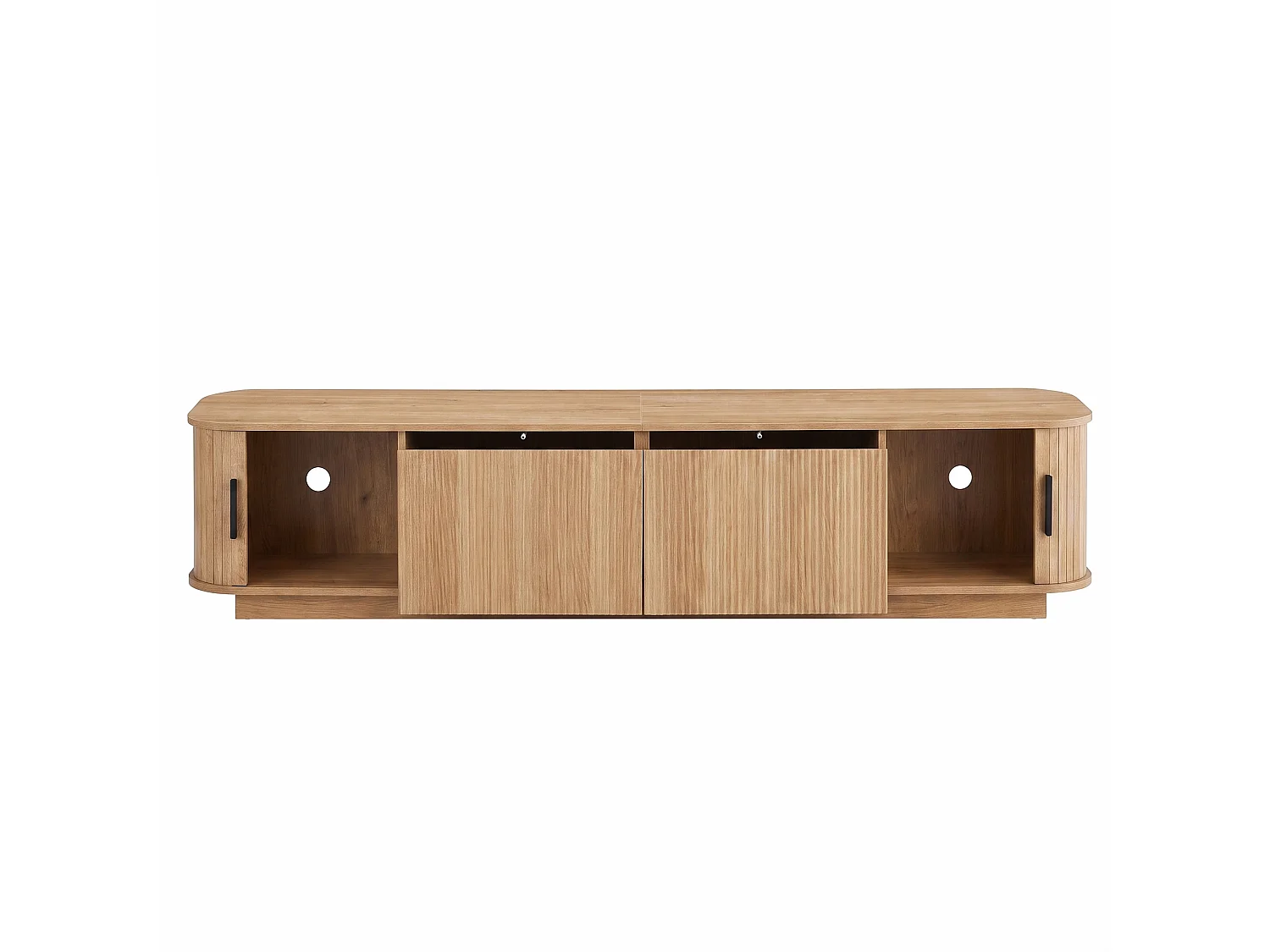 Meuble TV 180 x 40 x 40 cm - 2 tiroirs effet vague, 2 portes coulissantes, LED intégrée, MDF et panneaux de particules, naturel