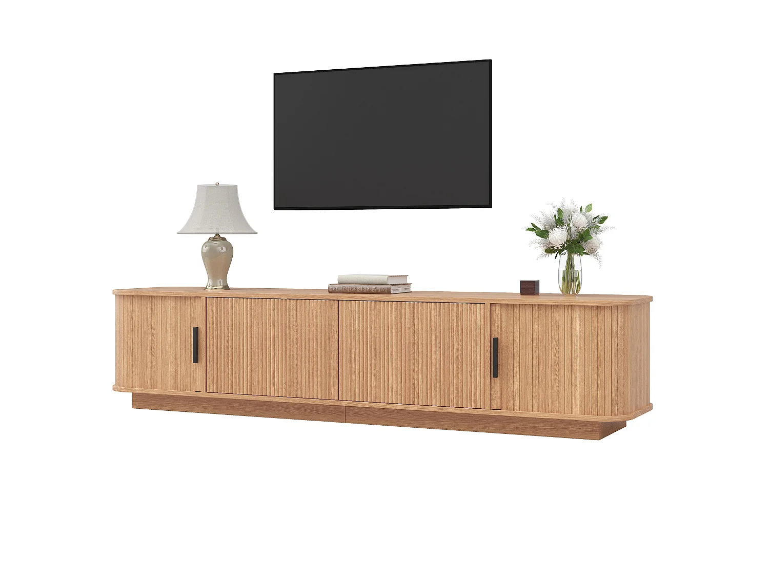 Meuble TV 180 x 40 x 40 cm - 2 tiroirs effet vague, 2 portes coulissantes, LED intégrée, MDF et panneaux de particules, naturel