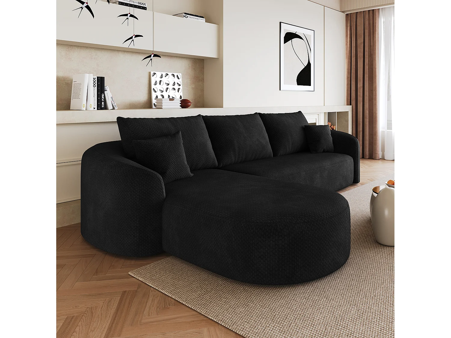 Canapé d’angle fixe 4 places 266x168 cm, canapé sans montage avec méridienne gauche, mousse, tissu chenille noir
