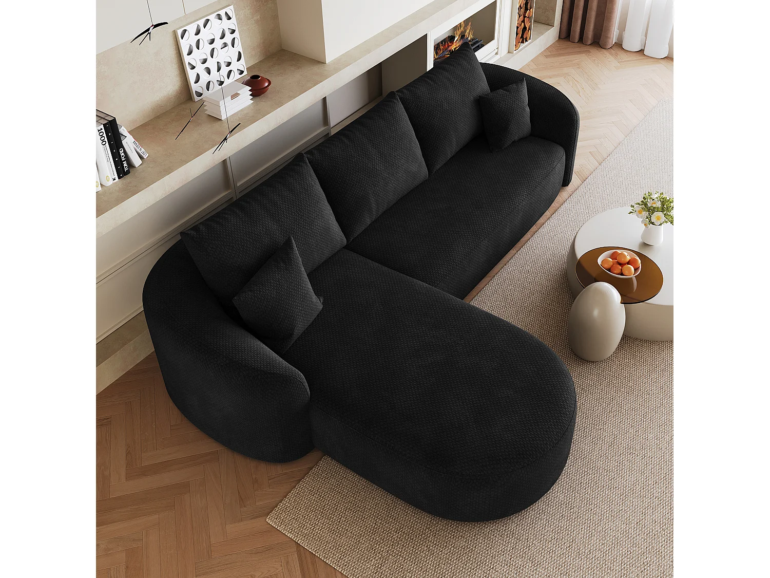 Canapé d’angle fixe 4 places 266x168 cm, canapé sans montage avec méridienne gauche, mousse, tissu chenille noir