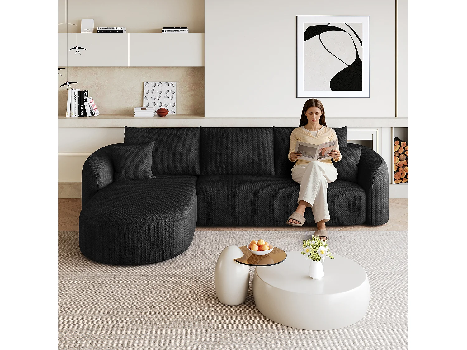 Canapé d’angle fixe 4 places 266x168 cm, canapé sans montage avec méridienne gauche, mousse, tissu chenille noir