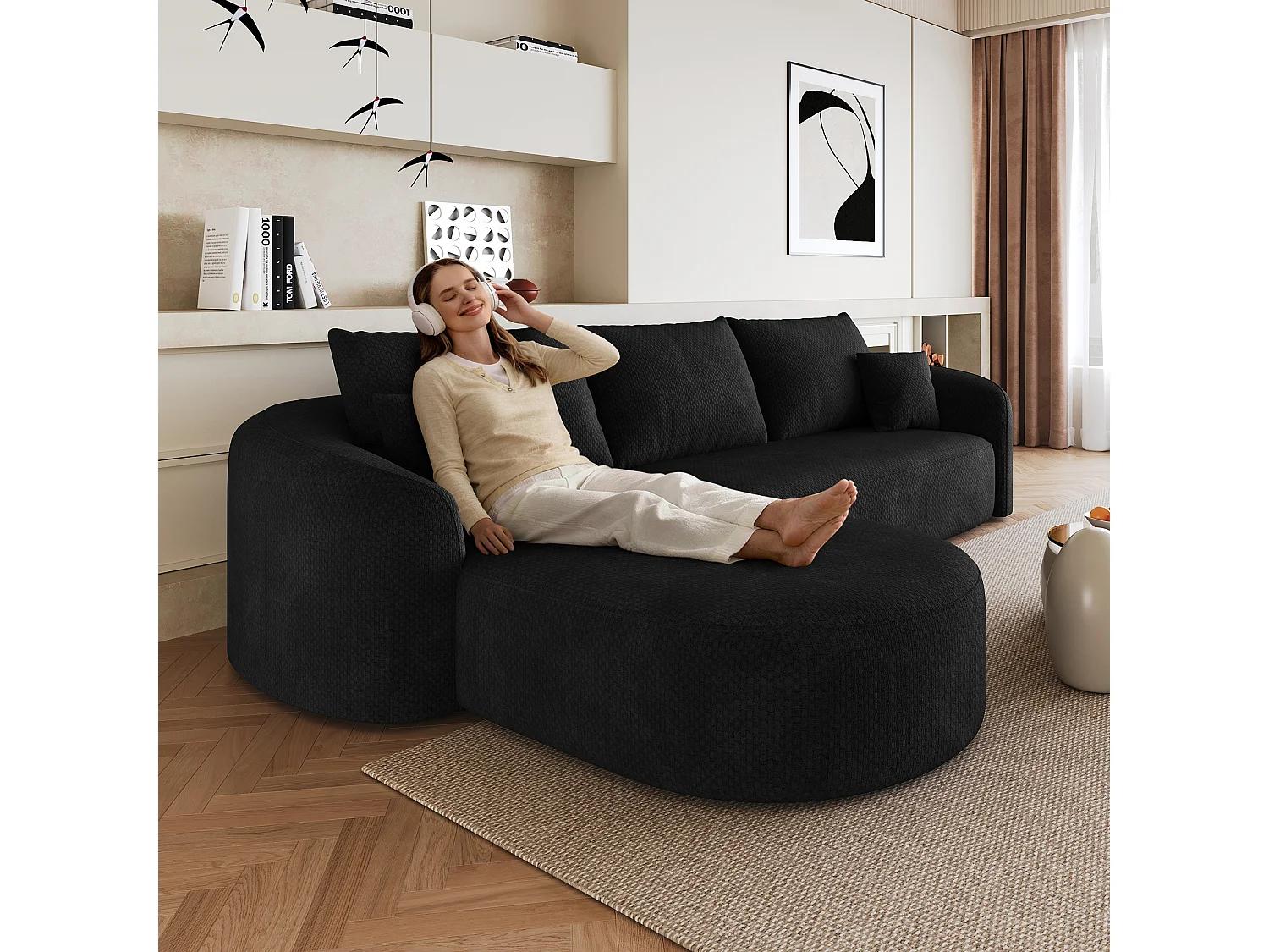 Canapé d’angle fixe 4 places 266x168 cm, canapé sans montage avec méridienne gauche, mousse, tissu chenille noir