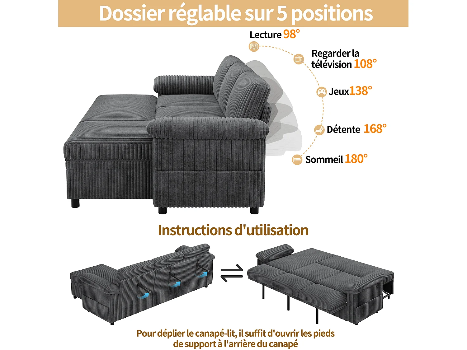 Canapé d’angle convertible 3 places 212x150x98 cm,USB/Type-C, dossier réglable,velours côtelé, gris