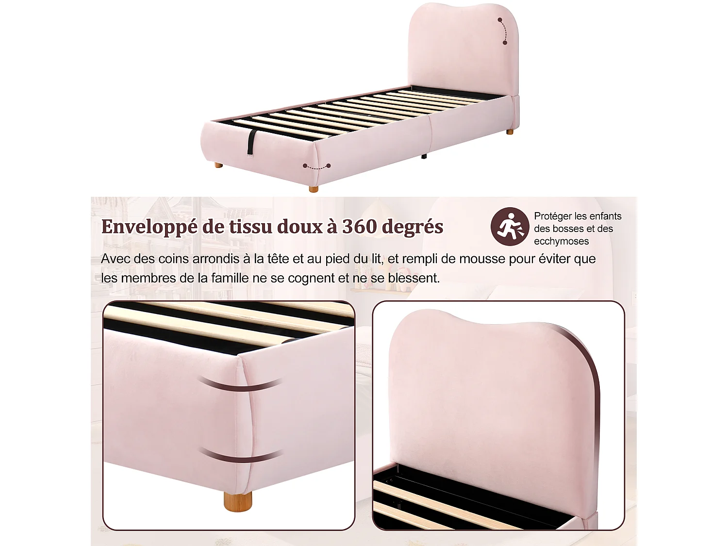 Lit coffre enfant 90x200 cm, lit hydraulique simple, lit avec rangement, sommier à lattes, tête de lit rembourrée, lin, gris