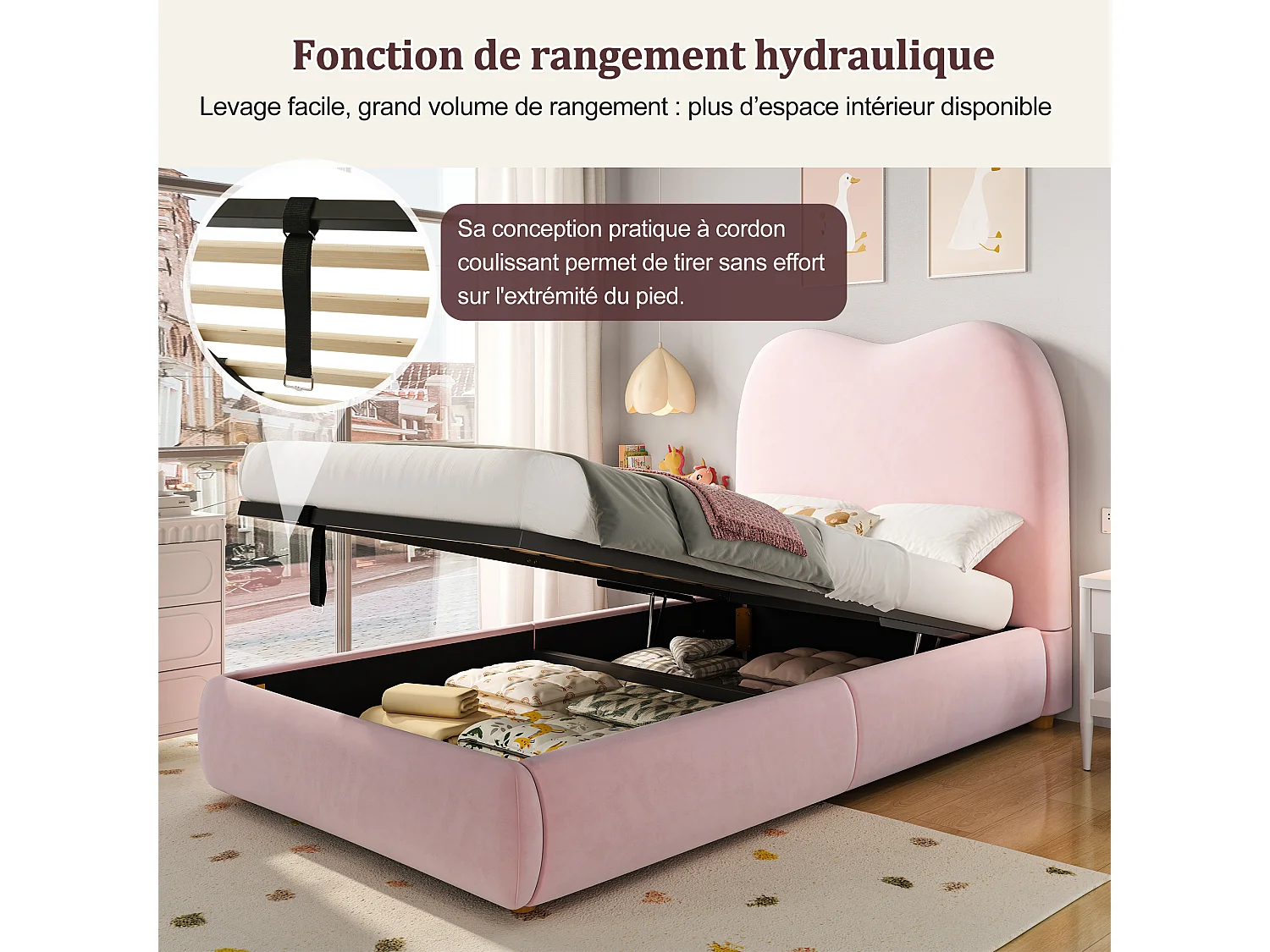 Lit coffre enfant 90x200 cm, lit hydraulique simple, lit avec rangement, sommier à lattes, tête de lit rembourrée, lin, gris