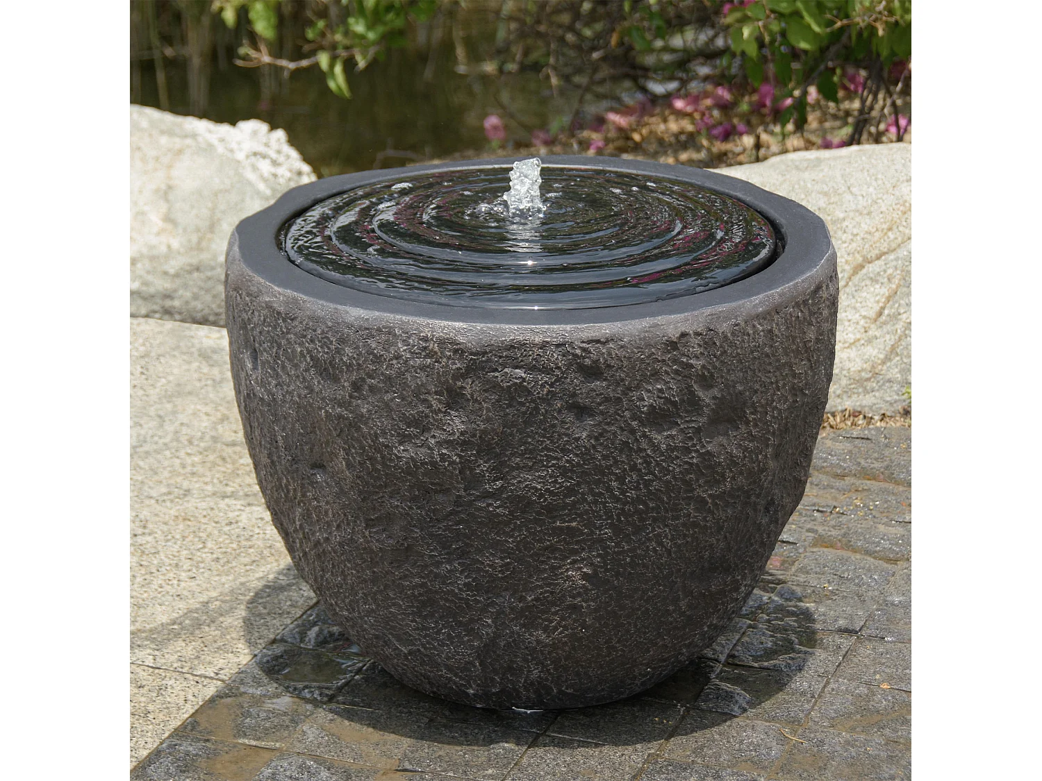 Fontaine aspect pierre Giri S noire, fontaine sur pied avec pompe et LED, 42 cm