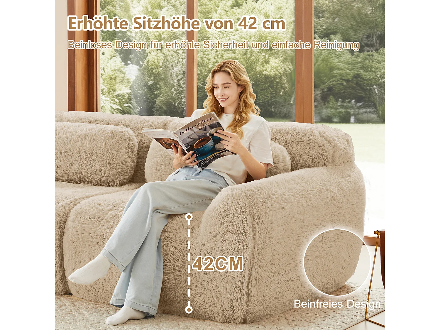 Canapé 2 places en peluche doux 204x104x73cm, modulable et combinable, mousse hautement élastique, base antidérapante, kaki clair