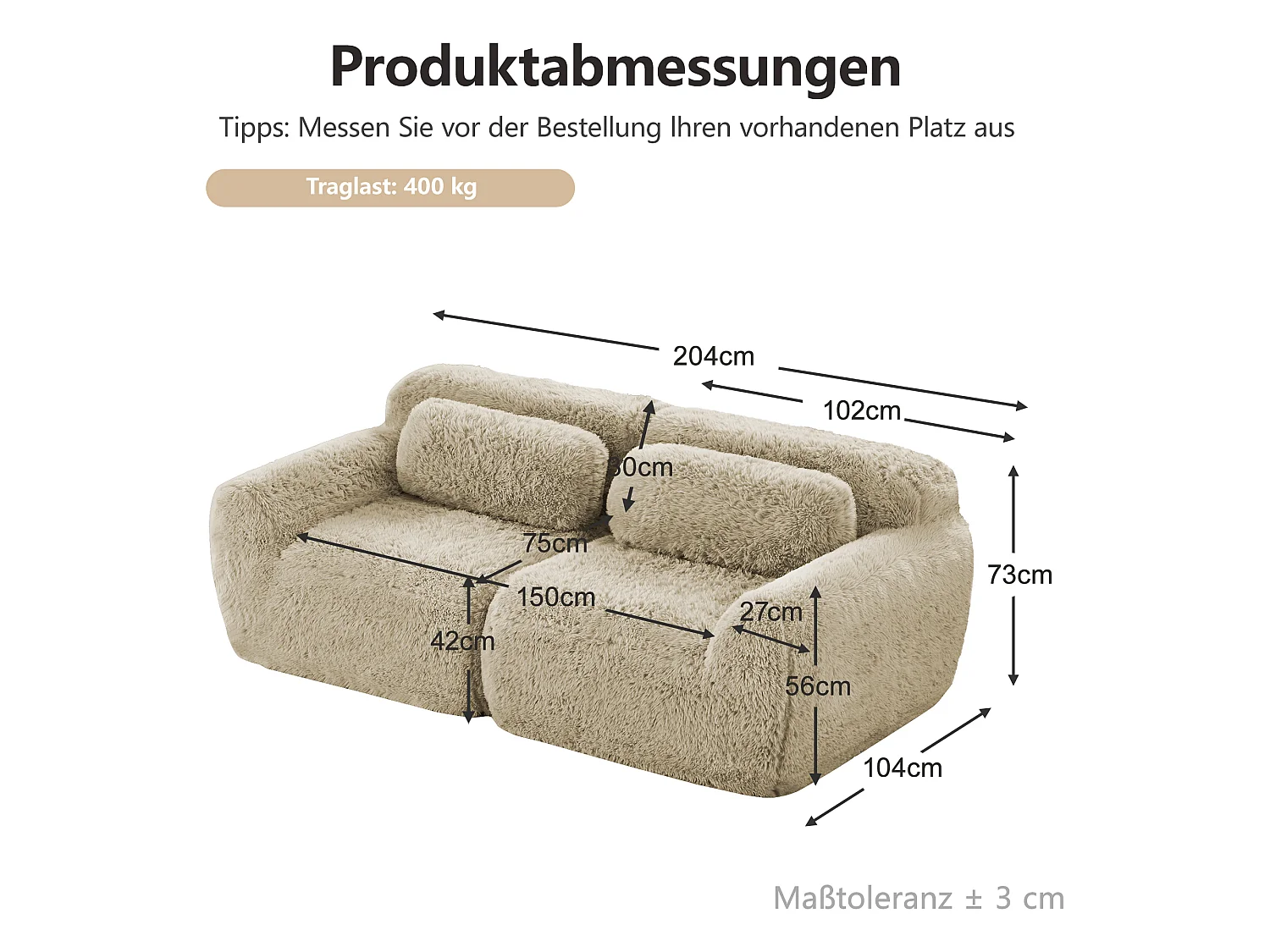 Canapé 2 places en peluche doux 204x104x73cm, modulable et combinable, mousse hautement élastique, base antidérapante, kaki clair