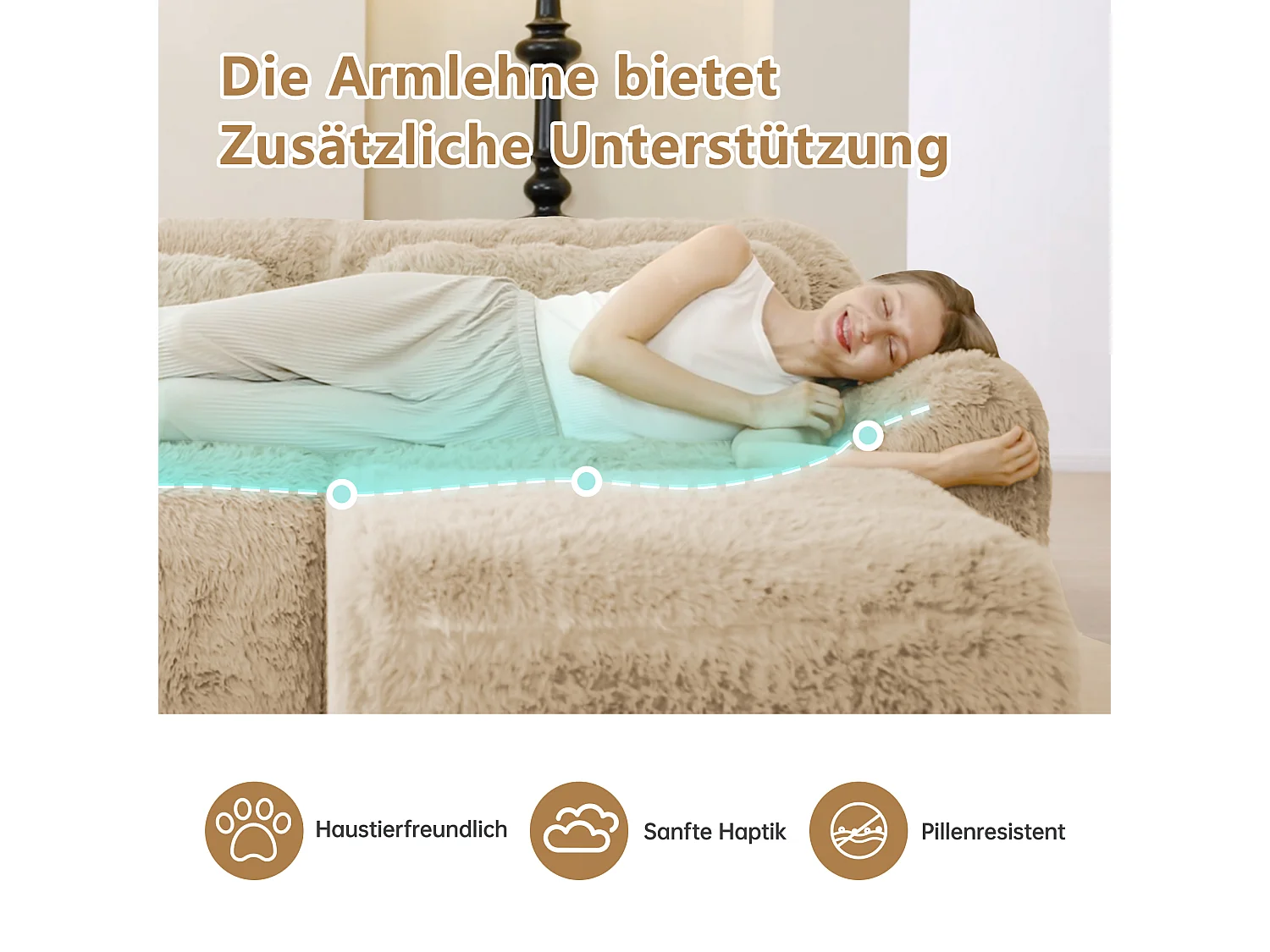Canapé 2 places en peluche doux 204x104x73cm, modulable et combinable, mousse hautement élastique, base antidérapante, kaki clair