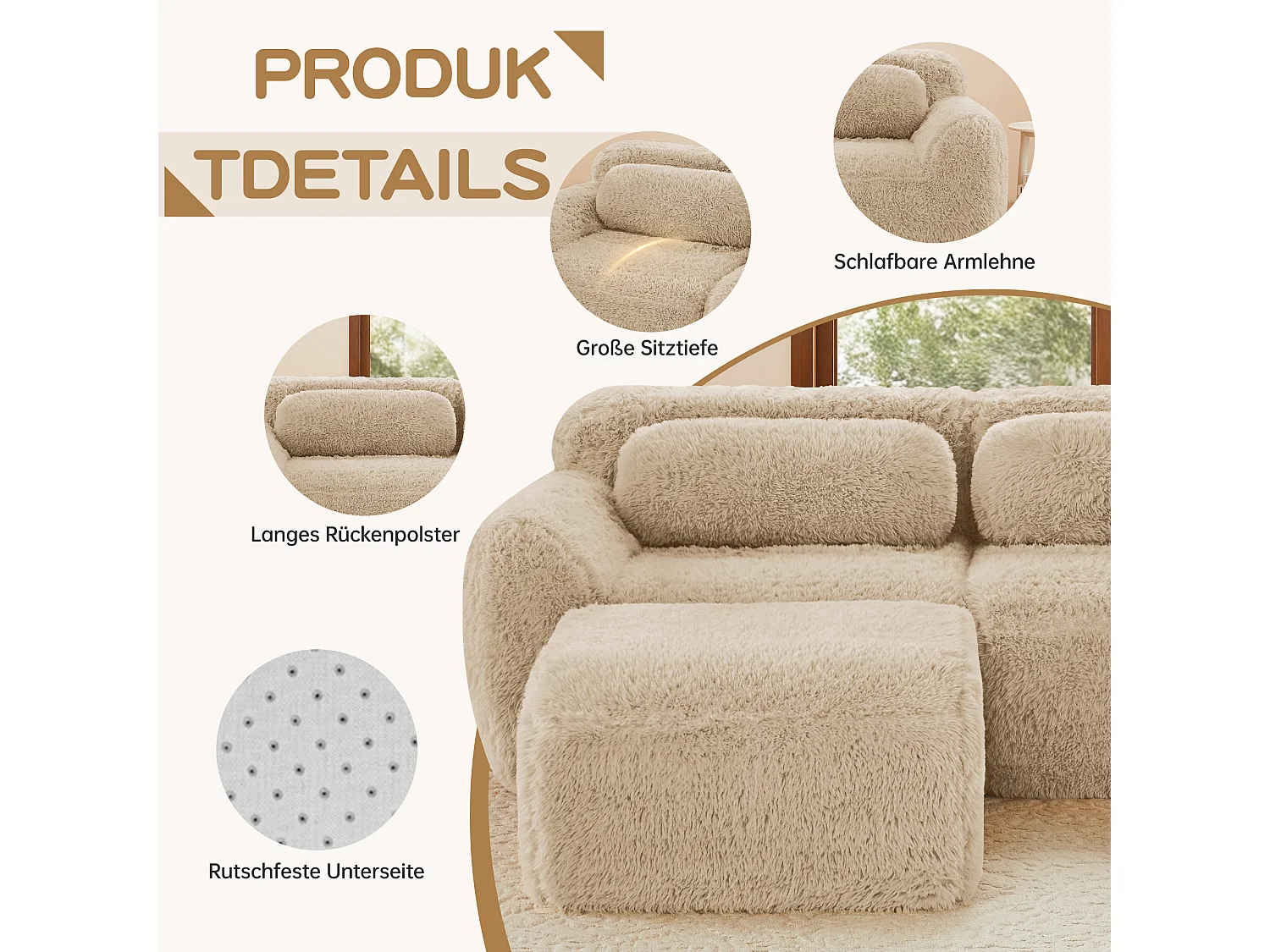Canapé 2 places en peluche doux 204x104x73cm, modulable et combinable, mousse hautement élastique, base antidérapante, kaki clair