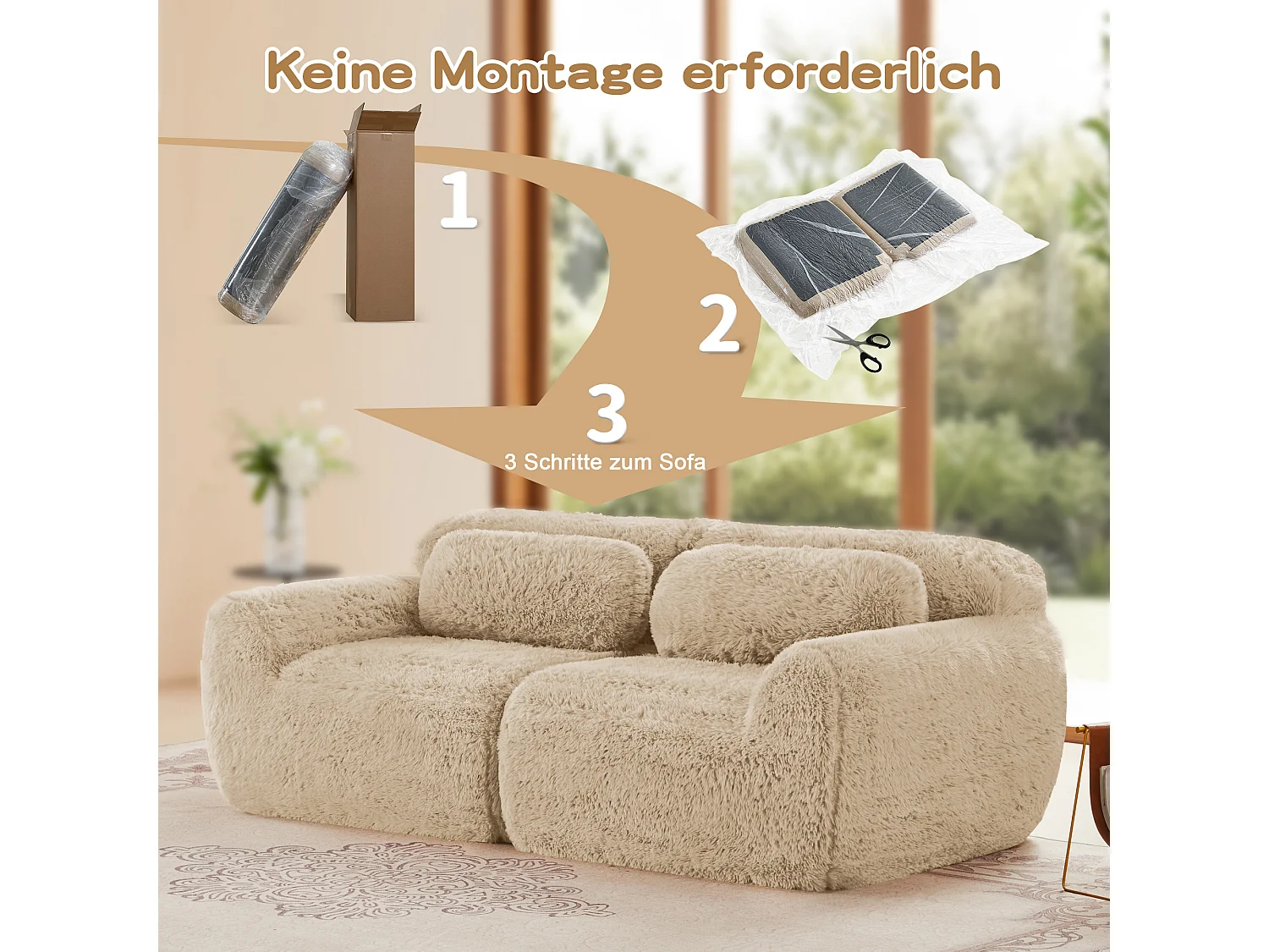 Canapé 2 places en peluche doux 204x104x73cm, modulable et combinable, mousse hautement élastique, base antidérapante, kaki clair