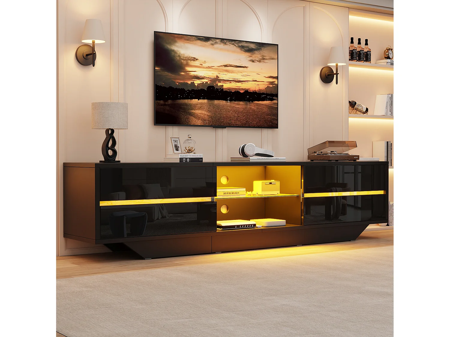 Meuble TV bas 160x35x44,5 cm, 2 portes, éclairage LED, finition brillante, pour TV jusqu’à 65 pouces, panneaux de particules noir