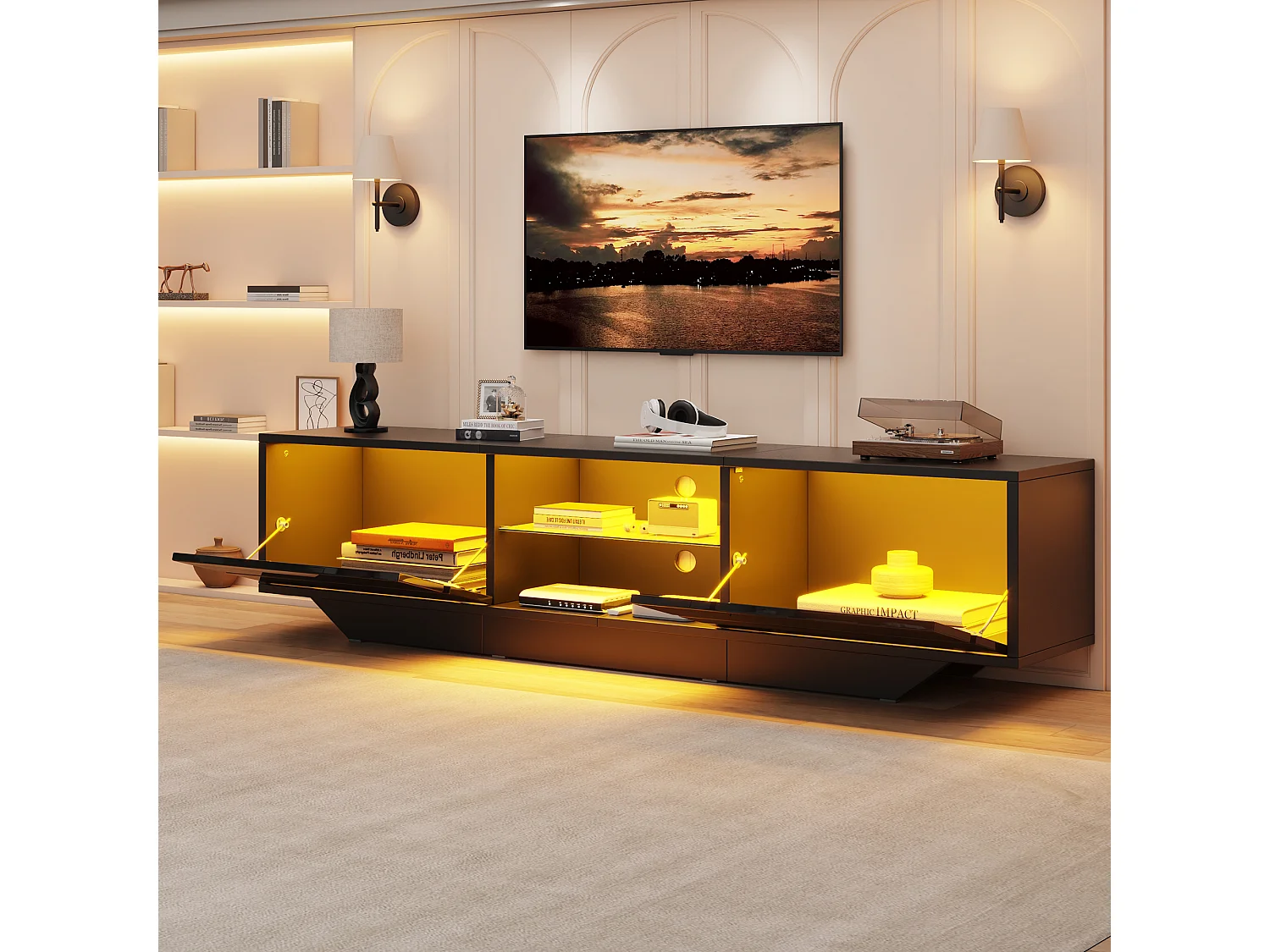 Meuble TV bas 160x35x44,5 cm, 2 portes, éclairage LED, finition brillante, pour TV jusqu’à 65 pouces, panneaux de particules noir