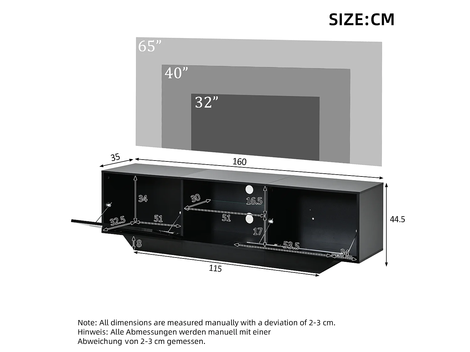 Meuble TV bas 160x35x44,5 cm, 2 portes, éclairage LED, finition brillante, pour TV jusqu’à 65 pouces, panneaux de particules noir