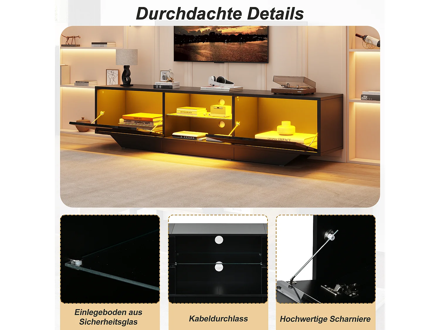 Meuble TV bas 160x35x44,5 cm, 2 portes, éclairage LED, finition brillante, pour TV jusqu’à 65 pouces, panneaux de particules noir