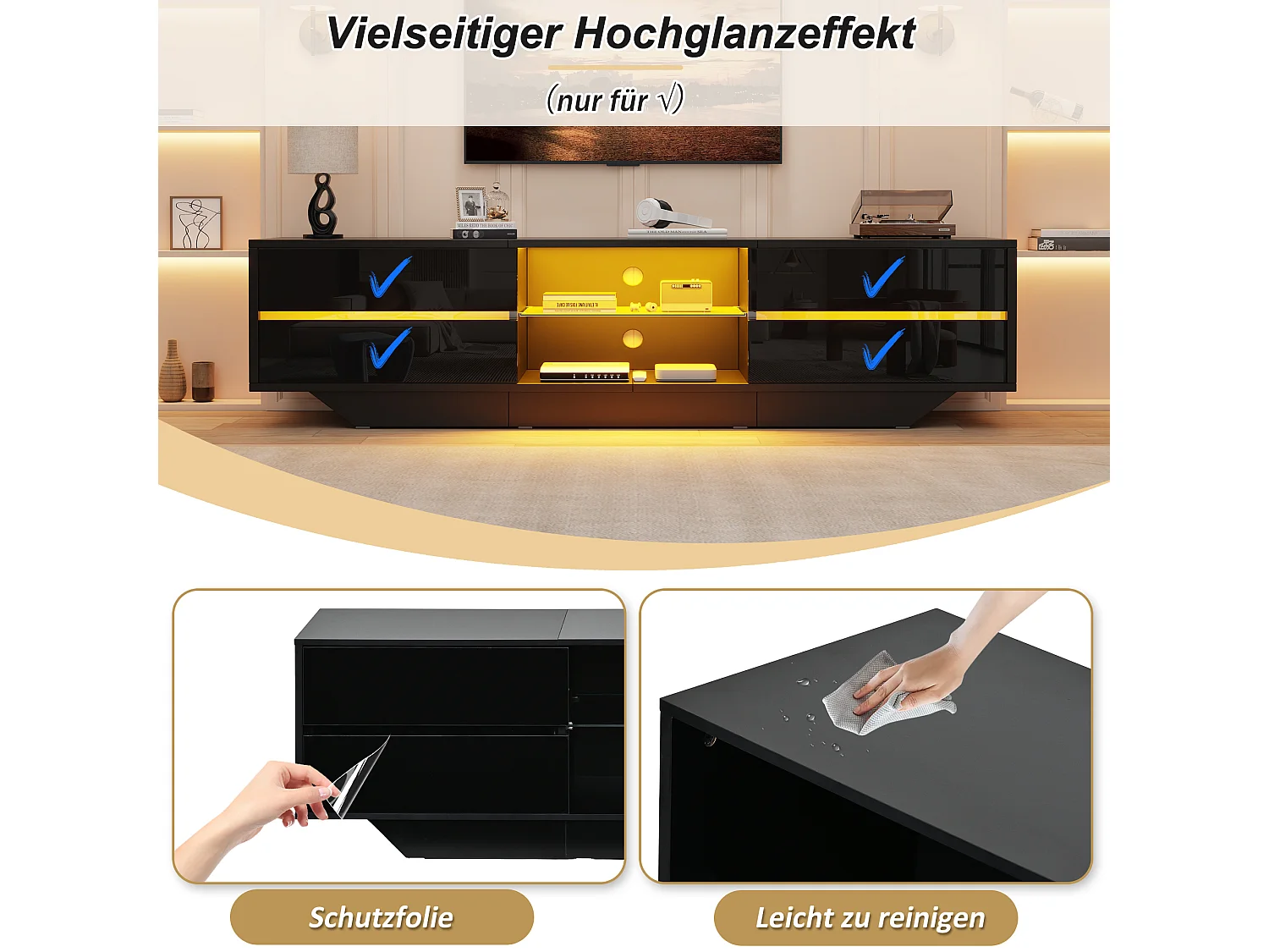 Meuble TV bas 160x35x44,5 cm, 2 portes, éclairage LED, finition brillante, pour TV jusqu’à 65 pouces, panneaux de particules noir