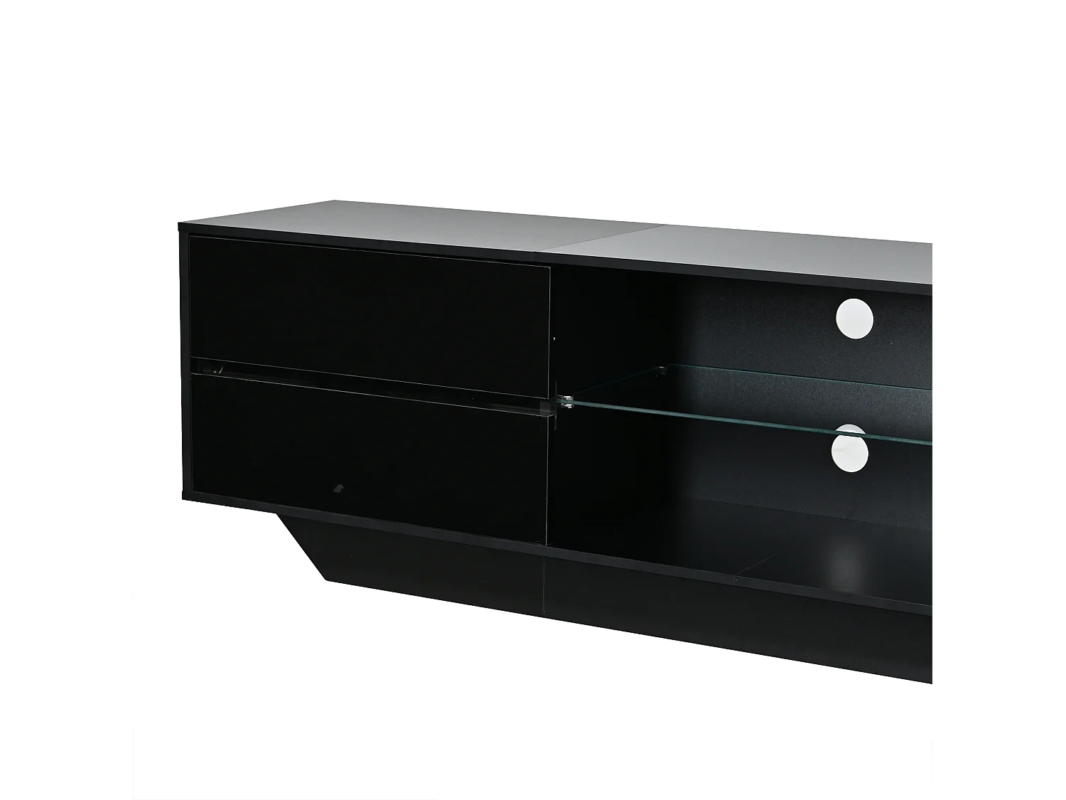 Meuble TV bas 160x35x44,5 cm, 2 portes, éclairage LED, finition brillante, pour TV jusqu’à 65 pouces, panneaux de particules noir