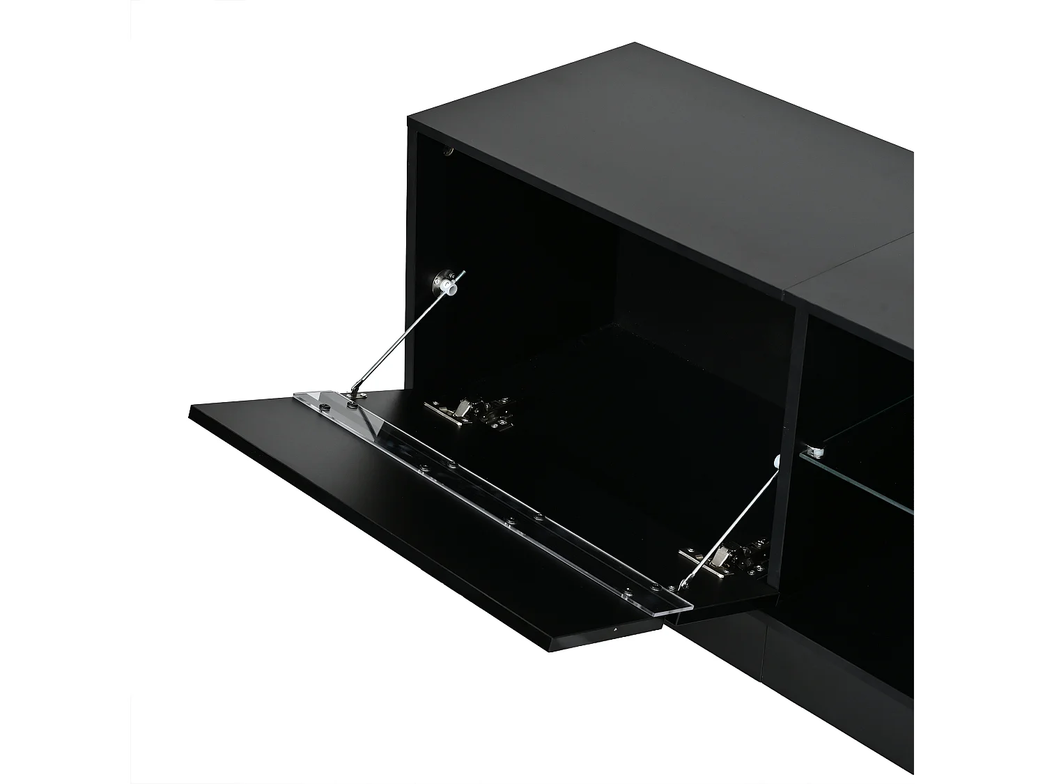 Meuble TV bas 160x35x44,5 cm, 2 portes, éclairage LED, finition brillante, pour TV jusqu’à 65 pouces, panneaux de particules noir