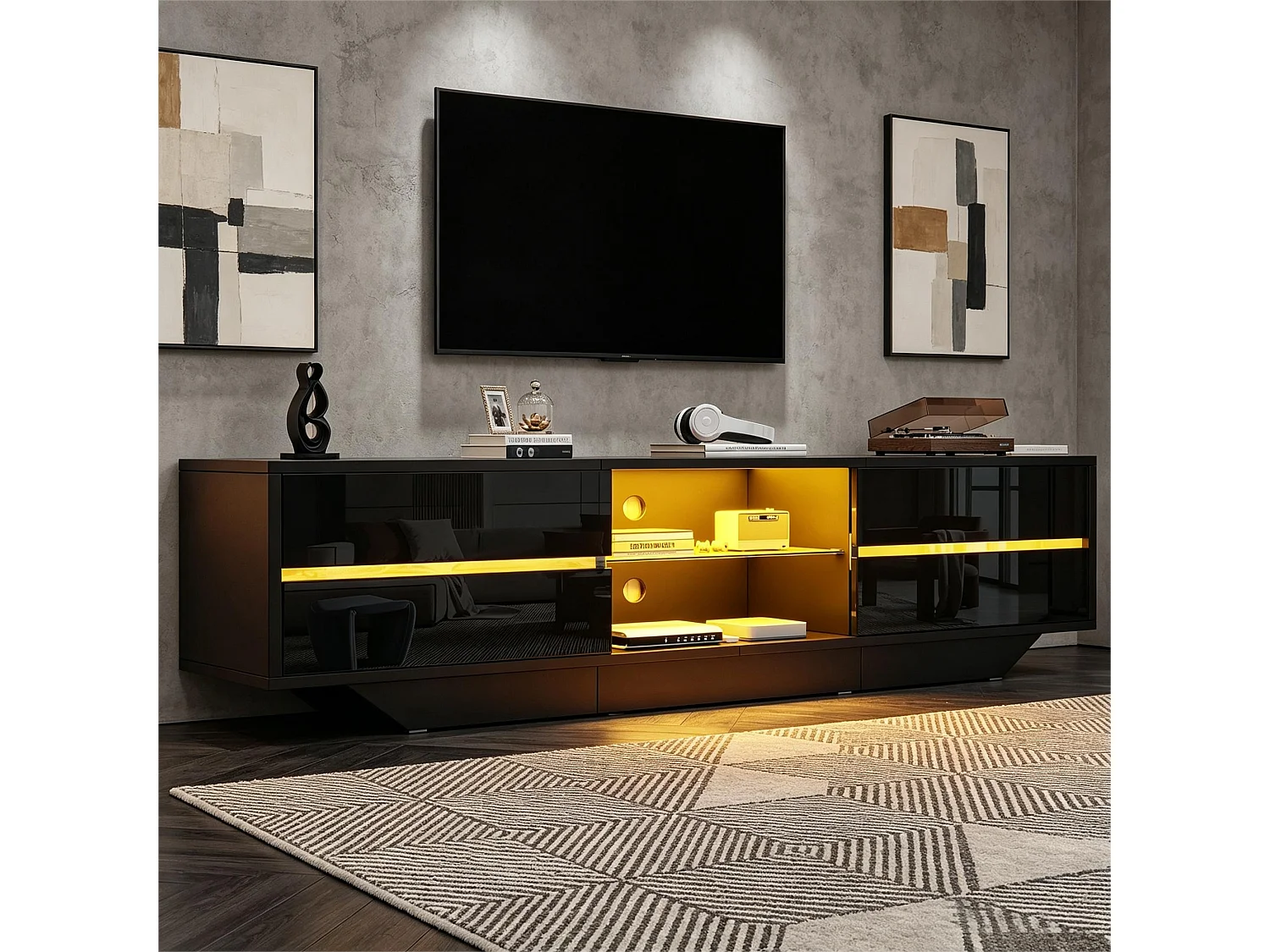 Meuble TV bas 160x35x44,5 cm, 2 portes, éclairage LED, finition brillante, pour TV jusqu’à 65 pouces, panneaux de particules noir