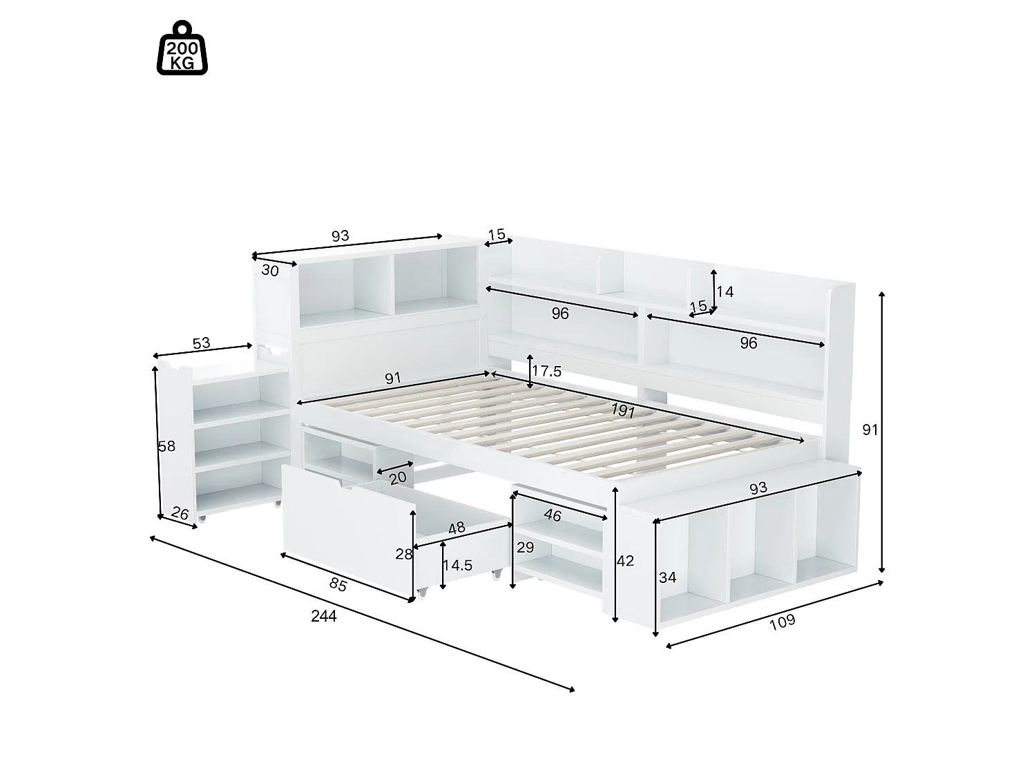 Lit simple enfant 90x190 cm, lit banquette, canapé-lit, grand rangement, 2 tiroirs et bibliothèque intégrée, blanc
