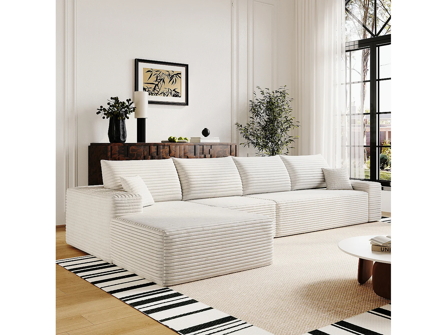 Canapé d'angle modulable en L 340x175x83 cm - sans montage avec assise profonde et méridienne - Velours côtelé - blanc
